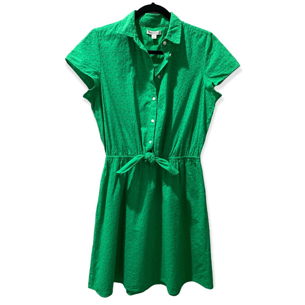 J. CREW MERCANTILE Green Eyelet Tie Front Collared Embroidered Dress Size S